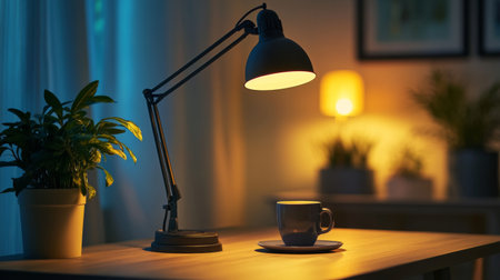 A cozy home office with a stylish desk lamp providing soft lighting, alongside a potted plant and coffee cup on the desk.の素材