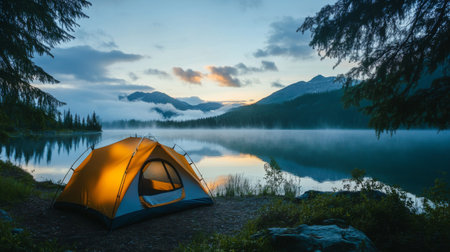 A cozy tent set up beside a calm lake, with the early morning mist rising and mountains in the background.の素材