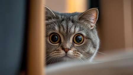 A detailed shot of a chubby cat peeking out from behind a chair, with its round face and curious eyes captured up close, highlighting its cuteness and charm.の素材