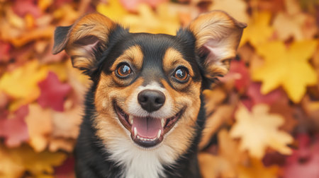 A cute dog with a happy expression, surrounded by colorful autumn leaves, capturing the joy and playfulness of the season.の素材