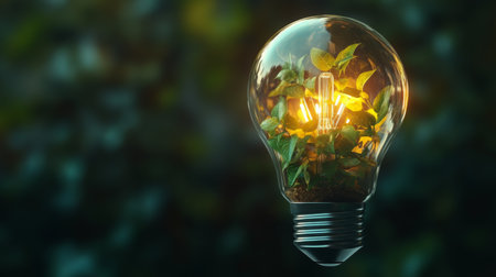 A creative light bulb with plants growing inside, symbolizing eco-friendly and sustainable energy solutions in a green environment.の素材