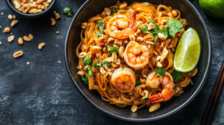 A detailed shot of a bowl of Thai Pad Thai with shrimp, garnished with crushed peanuts and lime wedges, showcasing the colorful and flavorful noodles.の素材