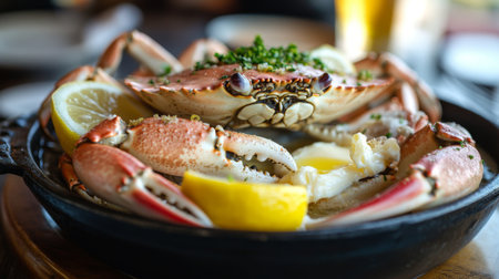 A detailed shot of a crab dish with cracked shells and seasoned meat, served with a side of melted butter and fresh lemon slices.の素材