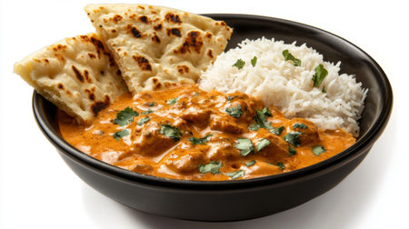 A detailed shot of a bowl of creamy butter chicken with naan bread and a side of basmati rice, set against a clean white background, highlighting the dish's rich texture and flavor.の素材