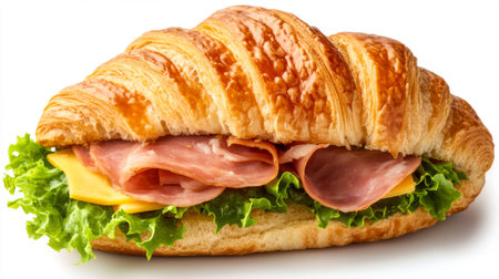 A croissant sandwich filled with ham, cheese, and lettuce, arranged elegantly on a white background for a light and tasty look.の素材