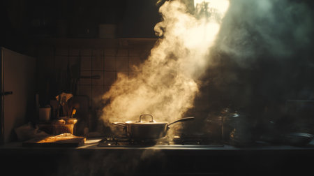 A dark, smoky kitchen with a pot on the stove, steam and smoke rising as if from a freshly cooked meal, evoking a sense of warmth and home.の素材