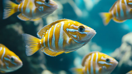 A detailed shot of a group of fish with unique markings swimming closely together, highlighting their individual characteristics and group dynamics.の素材