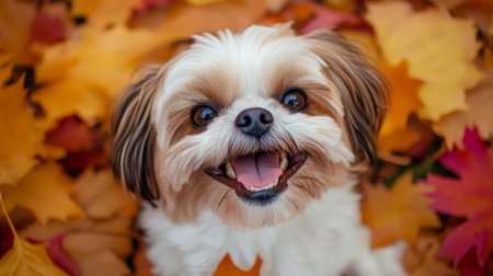 A cute dog with a happy expression, surrounded by colorful autumn leaves, capturing the joy and playfulness of the season.の素材