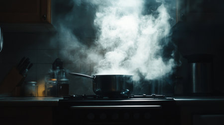 A dark, smoky kitchen with a pot on the stove, steam and smoke rising as if from a freshly cooked meal, evoking a sense of warmth and home.の素材