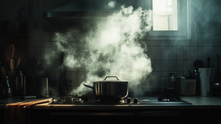 A dark, smoky kitchen with a pot on the stove, steam and smoke rising as if from a freshly cooked meal, evoking a sense of warmth and home.の素材