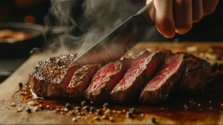 A detailed shot of a juicy steak being cut into slices, with steam rising from the tender meat and a background of a cozy, well-lit dining table.の素材