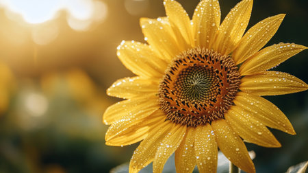 A detailed shot of a sunflower with dew drops on its petals, reflecting sunlight, emphasizing the morning freshness and natural beauty.の素材