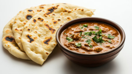 A detailed shot of a serving of Indian butter naan with a bowl of curry, set against a clean white background, emphasizing the traditional pairing and rich flavors.の素材