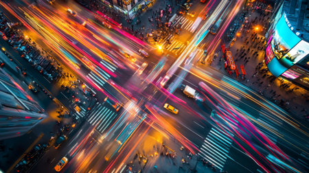 A dramatic shot of car headlights streaking through a busy city intersection at night, with blurred lights creating a dynamic and energetic effect.の素材