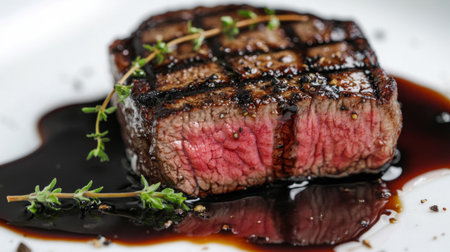 A detailed view of a steak with a flavorful crust and a perfectly cooked center, accompanied by a drizzle of balsamic glaze and a sprig of fresh thyme.の素材