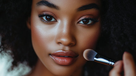 A detailed shot of a woman touching up her makeup with a brush, with her makeup looking perfect and her expression focused, capturing her dedication to beauty.の素材