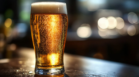 A detailed shot of beer in a transparent glass with light passing through, emphasizing the golden hues and clarity of the brew.の素材