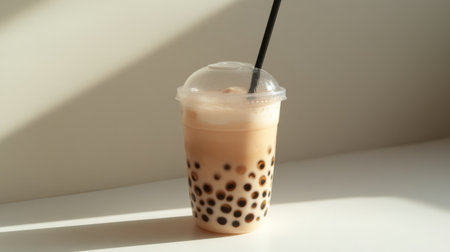 A fresh and trendy bubble tea with a lid and straw, sitting on a white surface with a soft shadow, highlighting the texture and layers of the drink.の素材