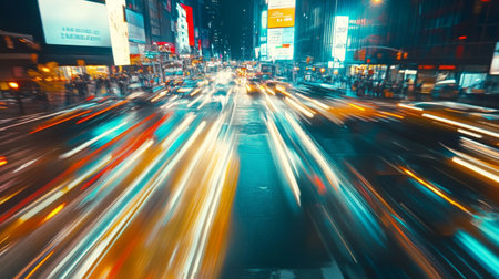A dramatic shot of car headlights streaking through a busy city intersection at night, with blurred lights creating a dynamic and energetic effect.の素材
