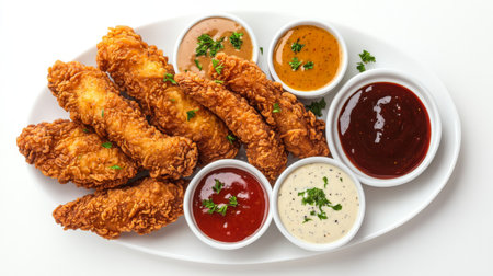 A fried chicken tenders platter with dipping sauces on the side, arranged neatly on a white background for a tempting and appetizing display.の素材