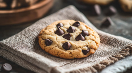A freshly baked cookie with a few chocolate chips melting slightly, placed on a rustic napkin with a cozy, homey feel.の素材