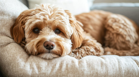 A fluffy dog sitting in a cozy bed, with its head resting on a plush pillow and a sweet, sleepy expression on its faceの素材