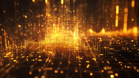 A dynamic gold price chart with animated effects, showing fluctuations in gold values with bright gold lines and bars on a dark background.の素材