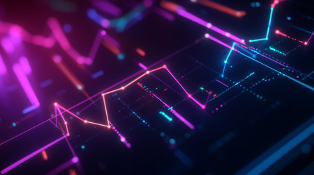 A futuristic 3D line graph with intersecting lines and data points, illuminated with neon colors, displaying complex business metrics and trends.の素材