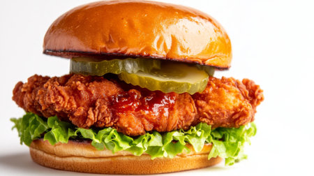 A fresh, hot fried chicken sandwich with lettuce, pickles, and sauce, set against a white background to highlight the layers and crispy chicken.の素材