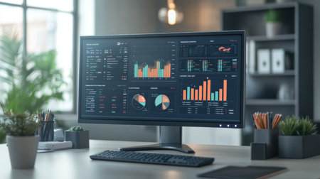 A computer monitor displaying a real-time financial dashboard with various graphs and metrics, showing live data updates in a sleek, modern office setting.の素材