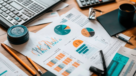 A creative flat lay of financial documents and graphs scattered on a desk, with a focus on a graph showing positive growth, conveying a sense of financial strategy and analysisの素材