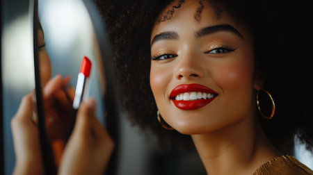 A close-up of a woman applying vibrant lipstick in front of a mirror, with her flawless makeup and radiant smile highlighting her beauty.の素材