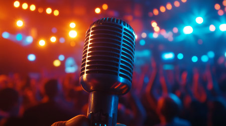 A dynamic shot of a microphone being used by a singer on stage, with vibrant stage lights and an energetic crowd in the background.の素材