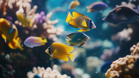A detailed shot of a group of colorful tropical fish swimming in unison near a coral reef, showcasing the vibrant marine ecosystem.の素材