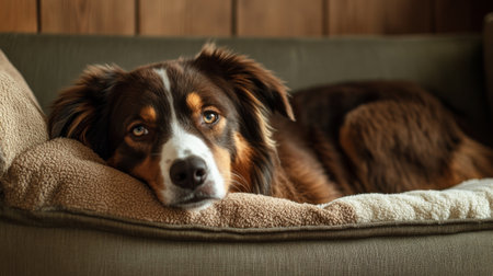 A fluffy dog sitting in a cozy bed, with its head resting on a plush pillow and a sweet, sleepy expression on its faceの素材