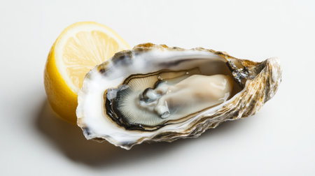 A fresh oyster on the half shell with a squeeze of lemon, showcasing the delicate texture and natural juices against a clean white background.の素材
