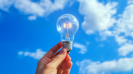 A hand holding a lit light bulb against a blue sky, symbolizing a bright idea or innovation in a creative business context.の素材