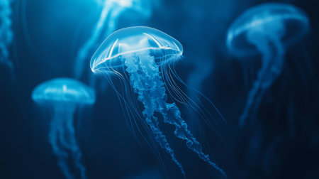 A group of jellyfish floating effortlessly in the deep blue sea, their translucent bodies glowing in the dim light.の素材