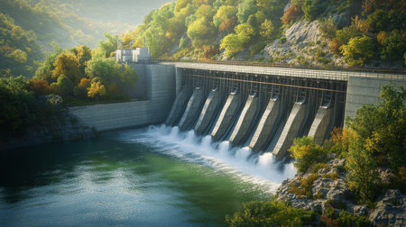 A large dam with a hydroelectric power plant integrated into the structure, capturing the combination of water management and energy production.の素材