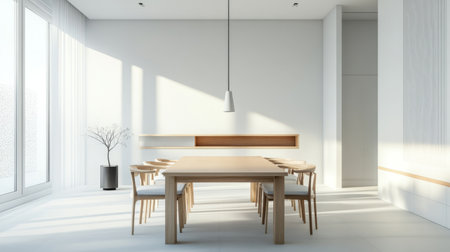 A minimalist dining area with a simple wooden table, a few stylish chairs, and understated decor, all set in a bright, open space.の素材