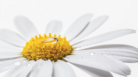 A macro image of a daisy with a water droplet on one of its petals, set against a clean white background, highlighting the simple beauty and detail.の素材