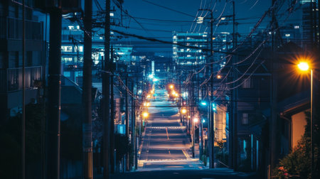 A nighttime cityscape with electric poles and streetlights illuminating the streets, showcasing the role of street lighting in urban environments.の素材