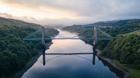 A majestic suspension bridge spanning a wide river, with the bridge cables and towers prominently featured against a backdrop of lush green hills.の素材