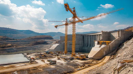 A large dam under construction, with cranes and machinery at work, illustrating the scale and complexity of building a major water retention structure.の素材
