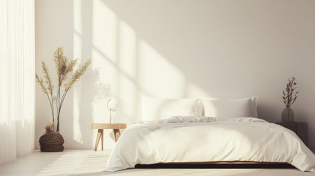 A minimalist bedroom featuring a low-profile bed with crisp white linens, a small bedside table, and minimalist decor, all set against a light, airy background.の素材