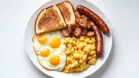 A hearty American breakfast platter with scrambled eggs, sausage links, hash browns, and toast, laid out on a white plate against a white background.の素材