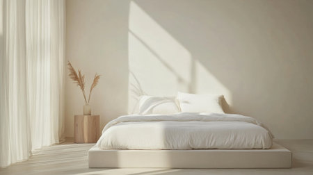 A minimalist bedroom featuring a low-profile bed with crisp white linens, a small bedside table, and minimalist decor, all set against a light, airy background.の素材
