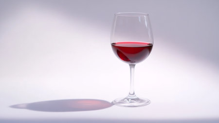 A minimalist shot of a transparent wine glass half-filled with red wine, placed on a white background, emphasizing elegance and sophistication.の素材