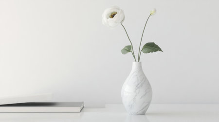 A minimalistic marble vase with a single tall stem flower, placed on a sleek, contemporary desk, highlighting the vase's elegant simplicity.の素材