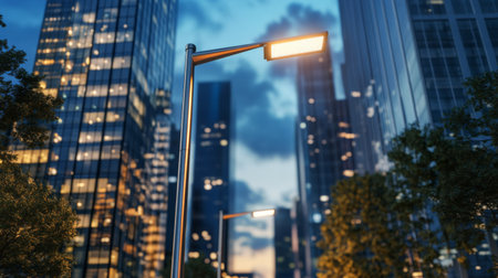 A modern electric pole with LED street lights in an urban setting, showcasing its design and illumination against the backdrop of city buildings.の素材